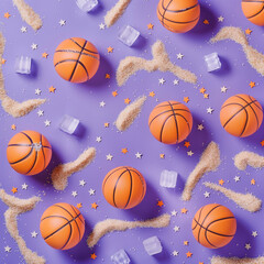 Summer decoration concept lots of little basketball  that look like ice cubes and sand all over the place. The background is purple