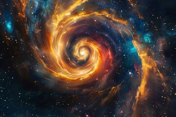 A stunning digital image capturing the swirling essence of galaxies with spirals of luminous colors engaging in a cosmic dance