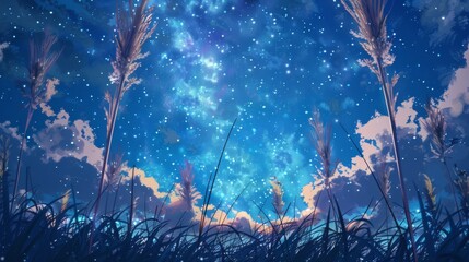 Night sky constellation in summer field. Beautiful black model under a moonlight galaxy night. Blue fields with colorful planets.
