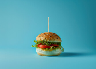 Delicious hamburger with toothpick on blue background, appetizing fast food concept