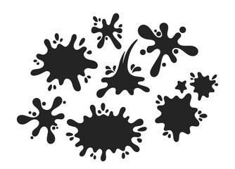 Vector Set Of Splatter Shapes With Droplets. Water Droplet Forms, Fluid Burst Patterns, And Ink Stains With Droplets - 779840504