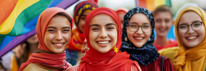 Vibrant Expression Unity Diverse Women Pride Flag Hijab LGBTQ+ Acceptance