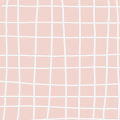 Fototapeta premium Hand drawn pink white plaid pattern. Check, square doodle background. Line art freehand grid. Crossing white stripes brush stroke. Notebook Texture. Abstract Psychedelic print with Wavy Doodle Stripes