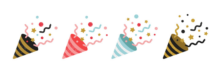 Party Popper Hat, Happy Birthday Cracker, Birthday cap with Glitter Confetti set. Vector illustration in flat style