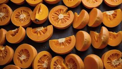 Butternut squash slices on a golden orange background, sweet and creamy orange butternut squash. - obrazy, fototapety, plakaty