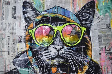 Playful graffiti art in a vibrant collage style depicts a mischievous cat wearing a hoodie and eye-catching neon sunglasses, assembled from a medley of newspaper clippings and magazine cutouts