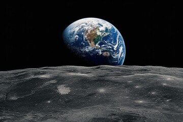 Earth Rising Above Lunar Landscape: Majestic Blue Planet Emerging Over Moon's Cratered Surface Against Stark Black Space