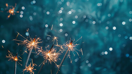 Silvester Fireworks background banner panorama - firework and sparklers on rustic dark blue night sky texture. Generative Ai