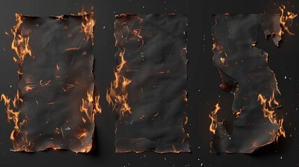 Realistic 3D modern objects set featuring burnt paper borders, charred uneven edges, burnt parchment sheets in flames. Burned, torn, or ripped frame isolated on transparent background. - obrazy, fototapety, plakaty