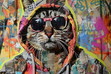 Close-up of a graffiti masterpiece showcasing a meticulously detailed cat sporting a hoodie and neon sunglasses, entirely constructed from a patchwork of colorful newspaper clippings