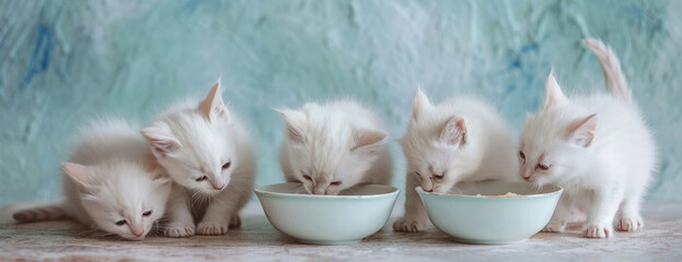 Adorable white kittens enjoying a meal together in a bowl on a bright blue background