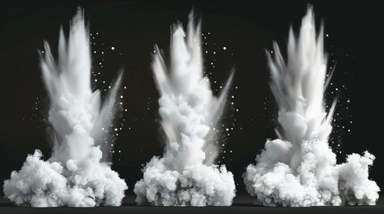 White smoke, dust spray, powder explosion with particles. Smoke trails, smoky streams, aroma or toxic clouds, steaming chemical or cosmetic vapours. Stylish set of 3d modern isolated clip art. - obrazy, fototapety, plakaty