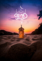 Eid Mubarak new background poster image, Beautiful lantern lamp on a beach with Eid Calligraphy text