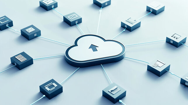 A cloud symbol centralized among a network of data storage and communication devices
