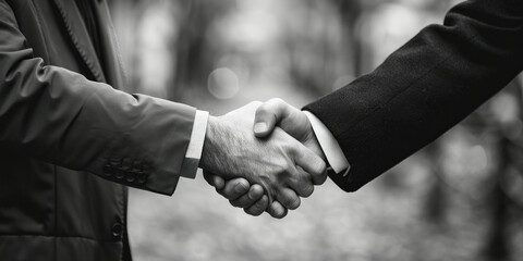 Businessmen shaking hands in front of forest background professional partnership in natural setting