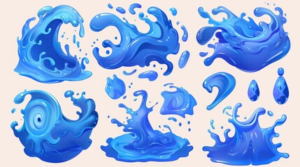 Splashing of water in blue liquid waves with swirls and drops on transparent background. Modern realistic set of clear clear aqua, fluid splashing isolated on white.