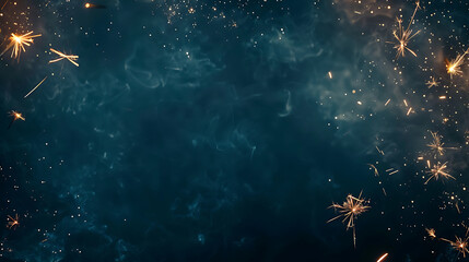 Fototapeta na wymiar Silvester Fireworks background banner panorama - firework and sparklers on rustic dark blue night sky texture. Generative Ai
