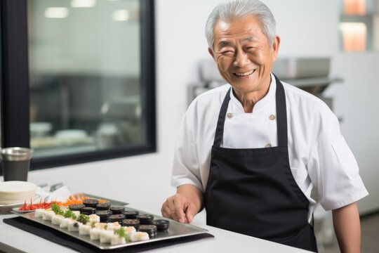 senior old man happy expression and susshi food concept . ai generated