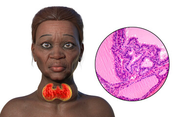 Grave's disease in a woman, 3D illustration and light micrograph of toxic goiter