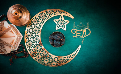 Eid Mubarak background, Flat lay image of Eid decoration, 2024 Eid Poster