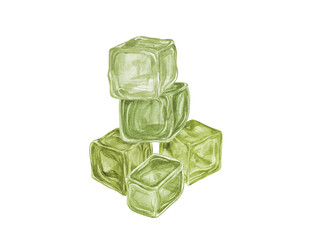 Pyramid of fruit ice cubes. Frozen juice in yellow green colors. Transparent water cube. Watercolor illustration isolated on white background. For menu, cocktail party, for the design of postcards