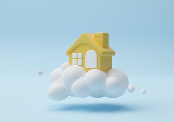 House on top of white cloud with blue background, Dream house symbol. Mortgage, investment, real estate, property and buying new home concept. International day of families. 3d render illustration
