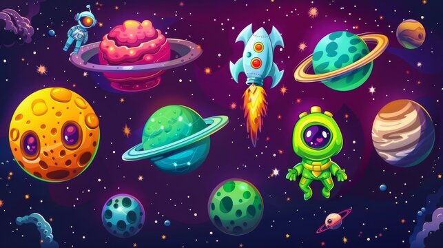 In the outer space are alien planets, astronauts, a funny extraterrestrial, and a rocket. Modern cartoon set of spaceship, cosmonaut, and green alien character.