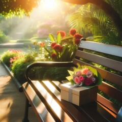 Garden Bench with Vibrant Bouquet and Wrapped Gift Box