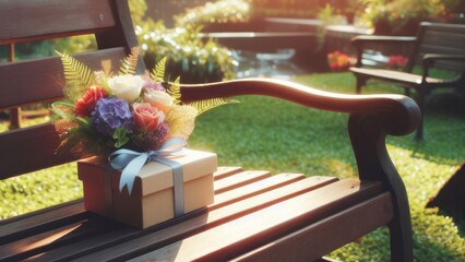 Garden Bench with Vibrant Bouquet and Wrapped Gift Box