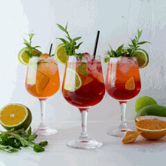 A frontal view of freshly made, chilled cocktails in glasses with a white backdrop Vector