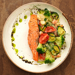 salmon with vegetables flat lay