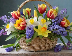 A springtime bouquet bursting with tulips, daffodils, and hyacinths, arranged in a basket overflowing with seasonal blooms, capturing the essence of renewal and freshness. Flower bouquet.