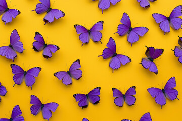 Elegant Purple Butterflies soaring in the Air over a Vibrant Yellow Background in Nature Wildlife Scene