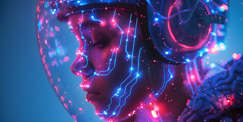 Futuristic technological neon high-tech portrait of boy with glowing neon circuit traces in their...