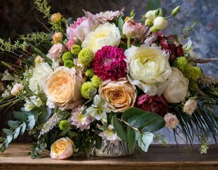 An opulent bouquet showcasing rare and exotic blooms like peonies, ranunculus, and gardenias, arranged in a grand, cascading style fit for a lavish celebration or special event. Flower bouquet.