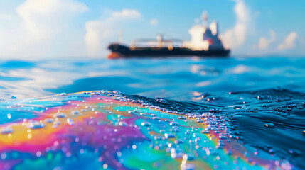 Oil floating on the surface of the ocean, water pollution and chemicals create problems for the environment, living things and natural resources - obrazy, fototapety, plakaty
