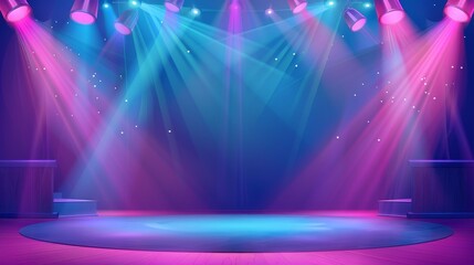 Modern illustration of an empty stage lit by blue and pink spotlights. Illustration of a studio, theater or club interior with color beams of light.