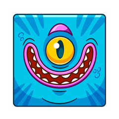 Cartoon Monster Character Face Square Icon Or Avatar. Cute and Funny Creature With One Bulging Eye, Wide Smile, Teeth - 779843176