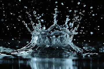 Crown of Water Splashing into the Air on Black Background Abstract Water Splash and Movement Concept