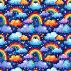 A seamless pattern with colorful rainbows, fluffy clouds, and sparkling stars