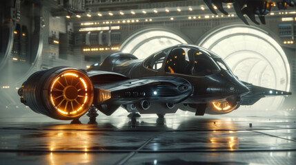 A futuristic spaceship with sleek lines and glowing thrusters