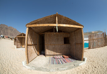 a hut made of wood and palm branches stands on the sand on the shores of the Red Sea
