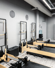 A row of Pilates machines at the gym