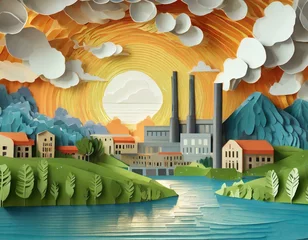 Fotobehang Landscape with a paper-cut factory © Lenny