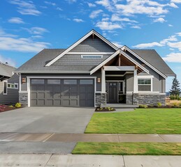 front of beautiful gray craftsman style home with shingle roof, concrete driveway and green grass in front yard, blue sky, pacific northwest landscape, home photography