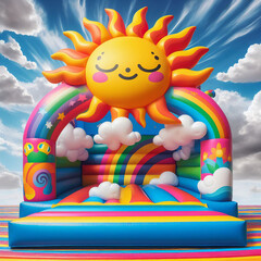 Obraz premium A very colorful outdoor bouncy castle,happy sun,perfect for holiday themed content holidays,vacation,fun family Generative Ai