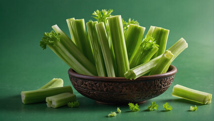 Celery sticks on a crisp green background, crunchy and refreshing green celery.