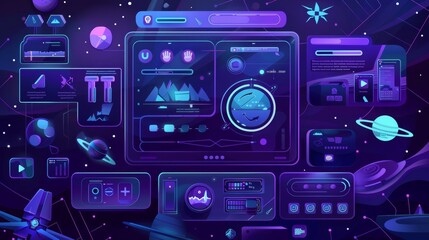 An illustration of a space stream overlay and a game twitch user interface. A stream screen, gamer username panels, menu and buttons. A template for esport, online live video, and a set of cartoon