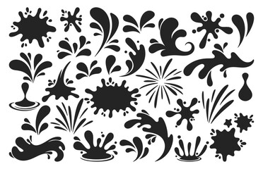 Set Of Black Splash Silhouettes With Droplets. Water Drop Shapes, Liquid Burst Splashes And Ink Blots With Drops