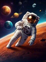 Astronaut in space in a spacesuit. Cosmonautics Day beautiful realistic art. Space Day banner design
